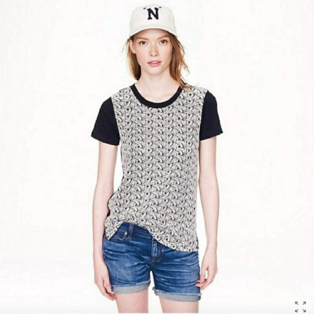 🔥 J.Crew Paisley Eyelet T-Shirt in Navy Blue Women's Size Small Short Sleeves